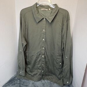 Soft Surroundings Thelma Shacket XL Button Up Shirt Jacket Olive Green Roll Tab